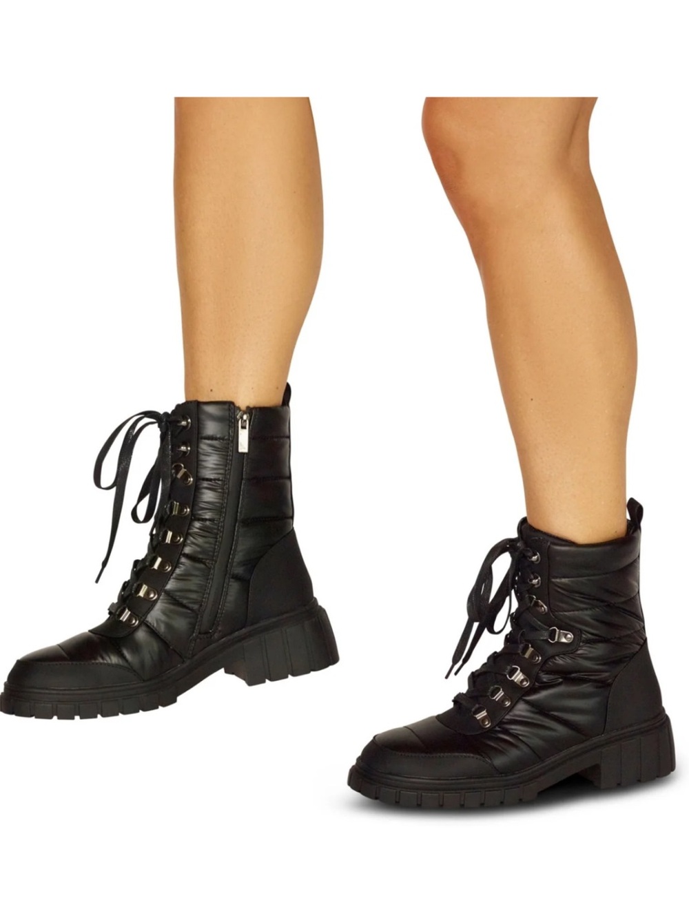 Vintage Havana Black Quilted Lace-Up Combat Boots - Women